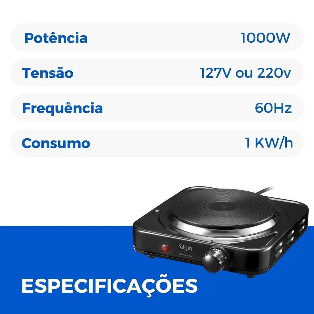 Fogão Elétrico Portátil Elgin 1 Boca 1000W Cook For You