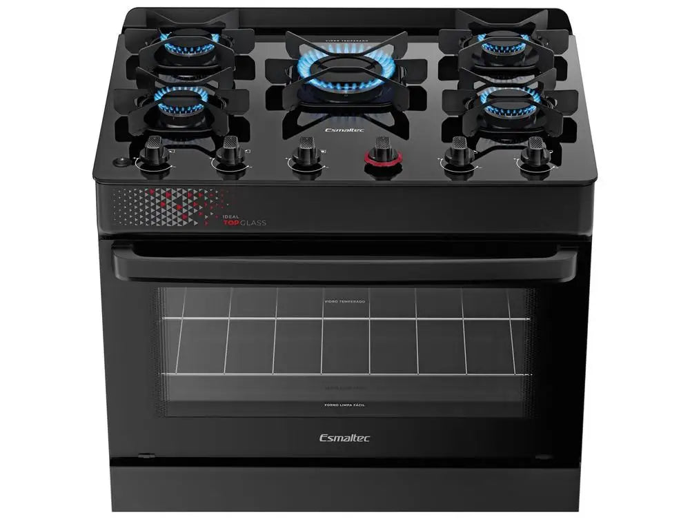 Fogão 5 Bocas Esmaltec Preto Mesa de Vidro Ideal Top Glass - Bivolt