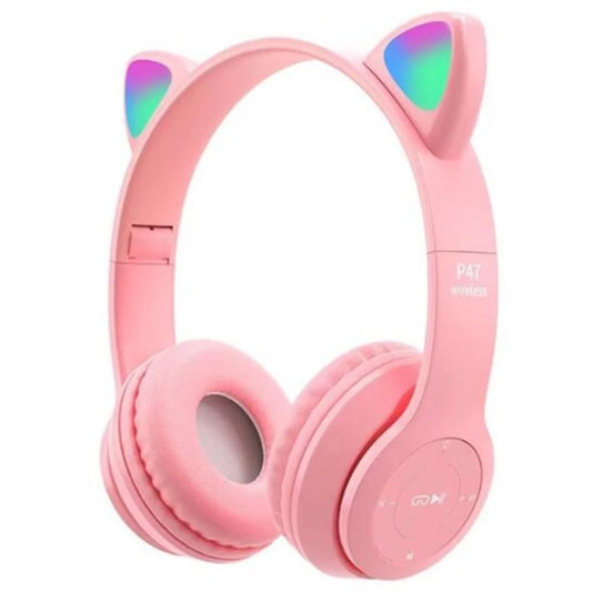 Fone de Ouvido Bluetooth Orelha de Gato com LED RGB P47M - Headphone Over-Ear