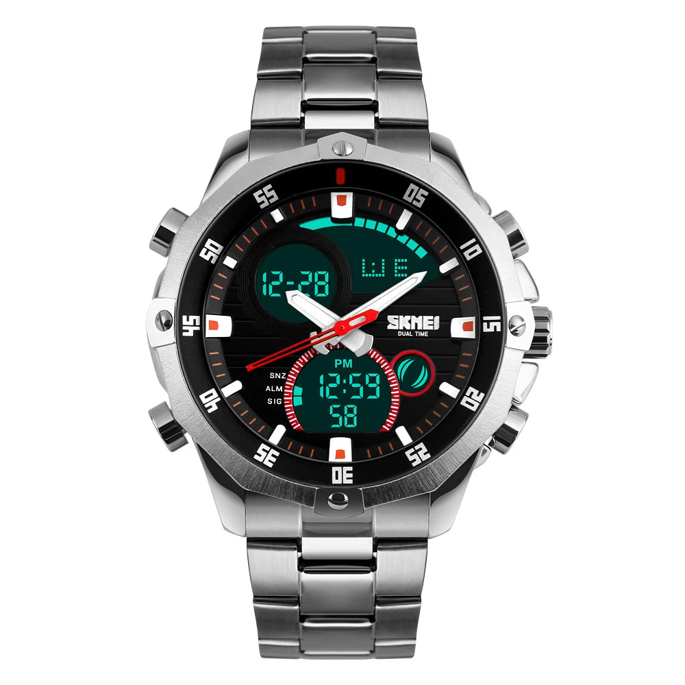 Relógio Digital SKMEI com Display Duplo Redondo para Homens - Pulseira Esportiva Outdoor Prata Estilo Casual e Fashion