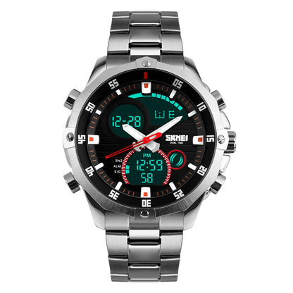 Relógio Digital SKMEI com Display Duplo Redondo para Homens - Pulseira Esportiva Outdoor Prata Estilo Casual e Fashion