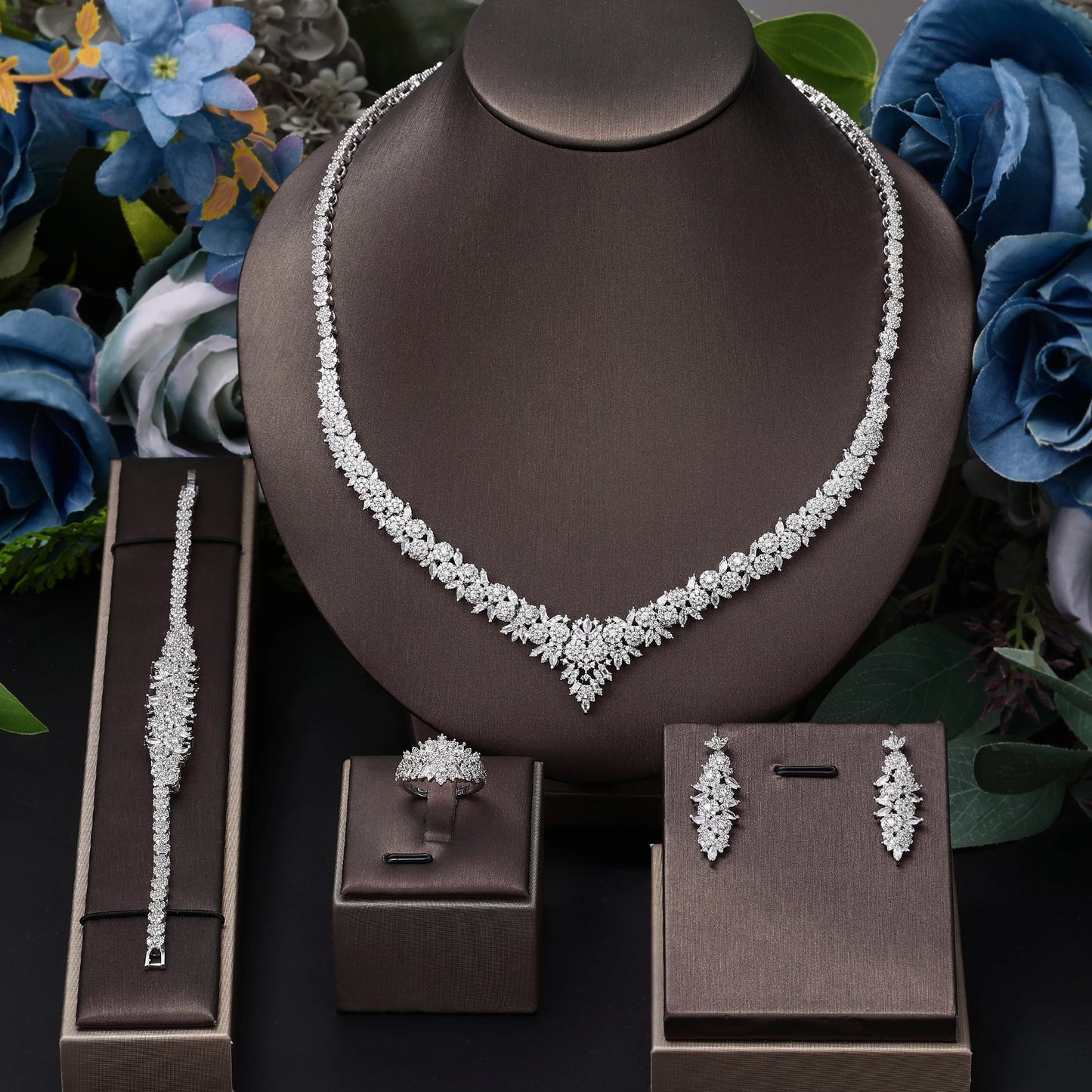Conjunto 4 Peças Joias Noiva Zircônia Festa Feminino Elegante