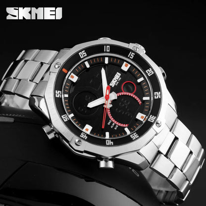 Relógio Digital SKMEI com Display Duplo Redondo para Homens - Pulseira Esportiva Outdoor Prata Estilo Casual e Fashion