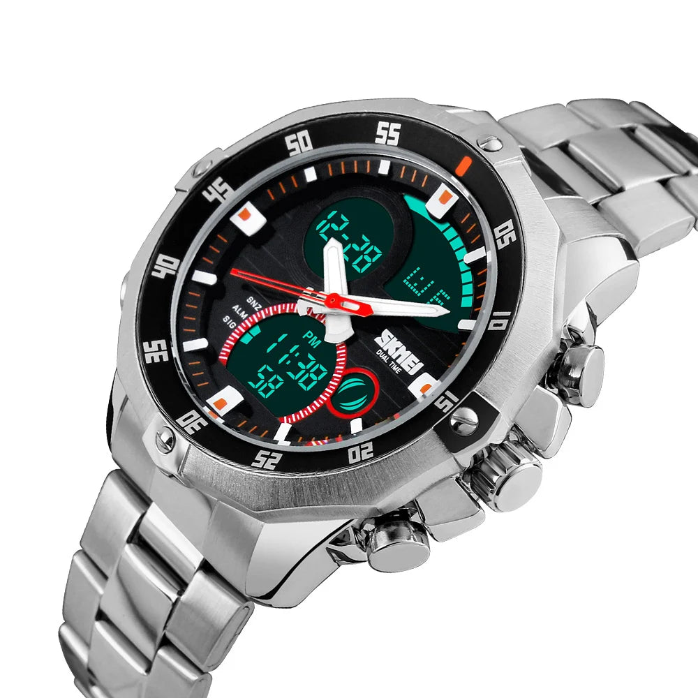 Relógio Digital SKMEI com Display Duplo Redondo para Homens - Pulseira Esportiva Outdoor Prata Estilo Casual e Fashion