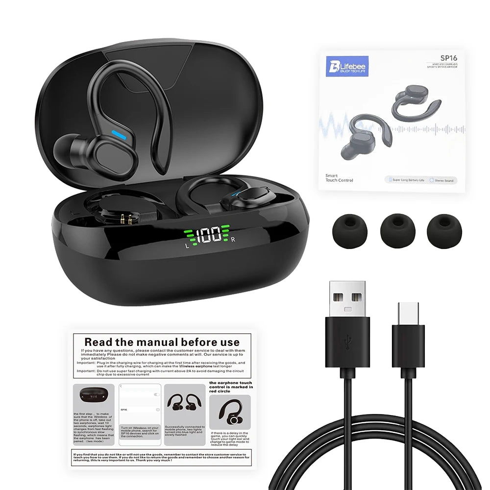 Fone de Ouvido Bluetooth SP16 Gancho Auricular Sem Fio Display LED Cancelamento de Ruído Esportivo com Microfone