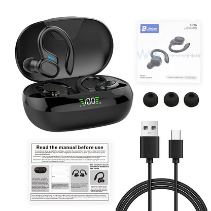 Fone de Ouvido Bluetooth SP16 Gancho Auricular Sem Fio Display LED Cancelamento de Ruído Esportivo com Microfone