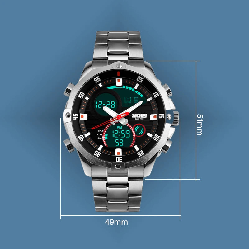 Relógio Digital SKMEI com Display Duplo Redondo para Homens - Pulseira Esportiva Outdoor Prata Estilo Casual e Fashion