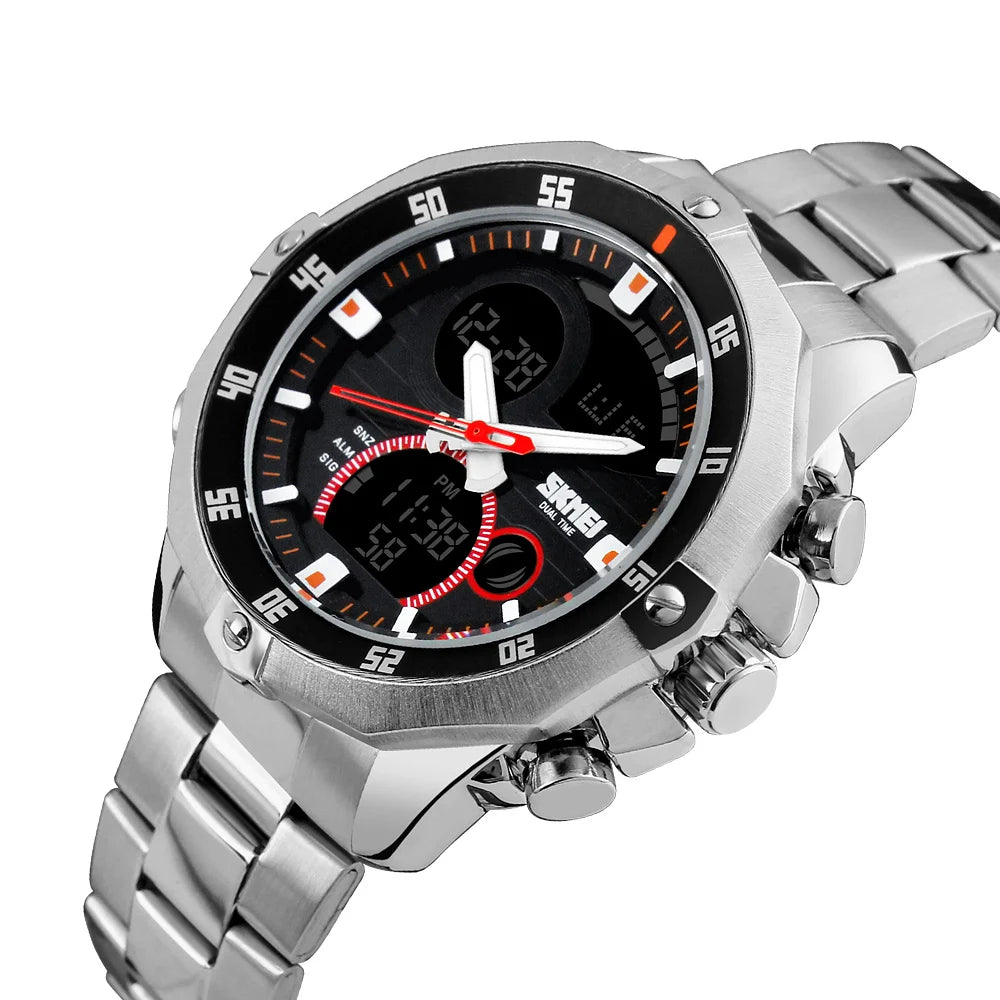 Relógio Digital SKMEI com Display Duplo Redondo para Homens - Pulseira Esportiva Outdoor Prata Estilo Casual e Fashion