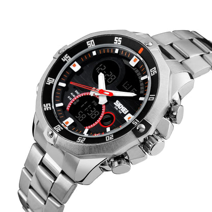 Relógio Digital SKMEI com Display Duplo Redondo para Homens - Pulseira Esportiva Outdoor Prata Estilo Casual e Fashion