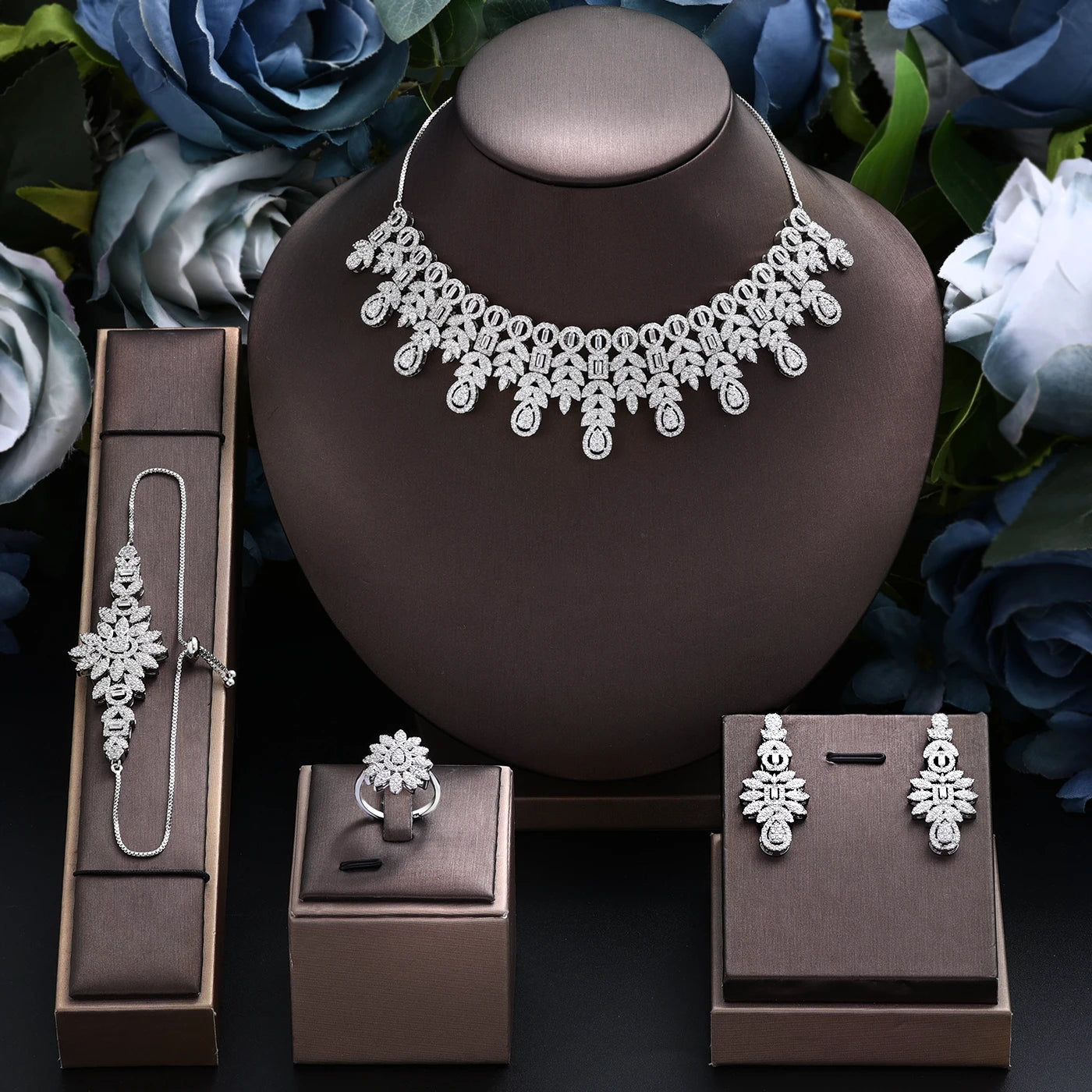 Conjunto 4 Peças Joias Noiva Zircônia Festa Feminino Elegante