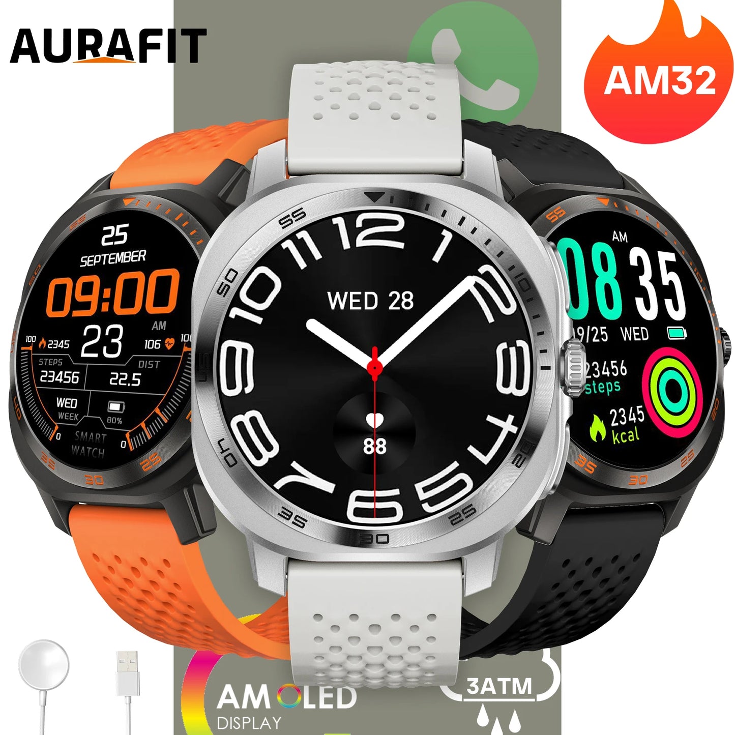 Relógio Inteligente AURAFIT AM32 com Papel de Parede Personalizável, Alertas de Chamadas/Mensagens, Ligações Sem Fio e Modo Esportivo