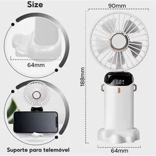 Ventilador Portátil de Mesa/Mão com Display de LED 5 Velocidades e Suporte de Celular