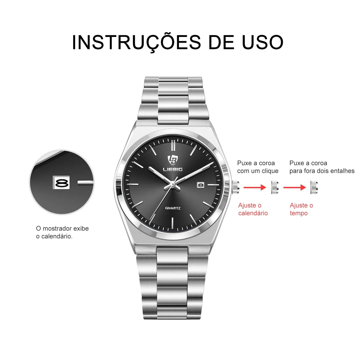 Relógio Liebig L1088BK Quartzo de Luxo com Mostrador Preto - Masculino Fashion para Negócios, Aço Inoxidável, Ideal para Presente
