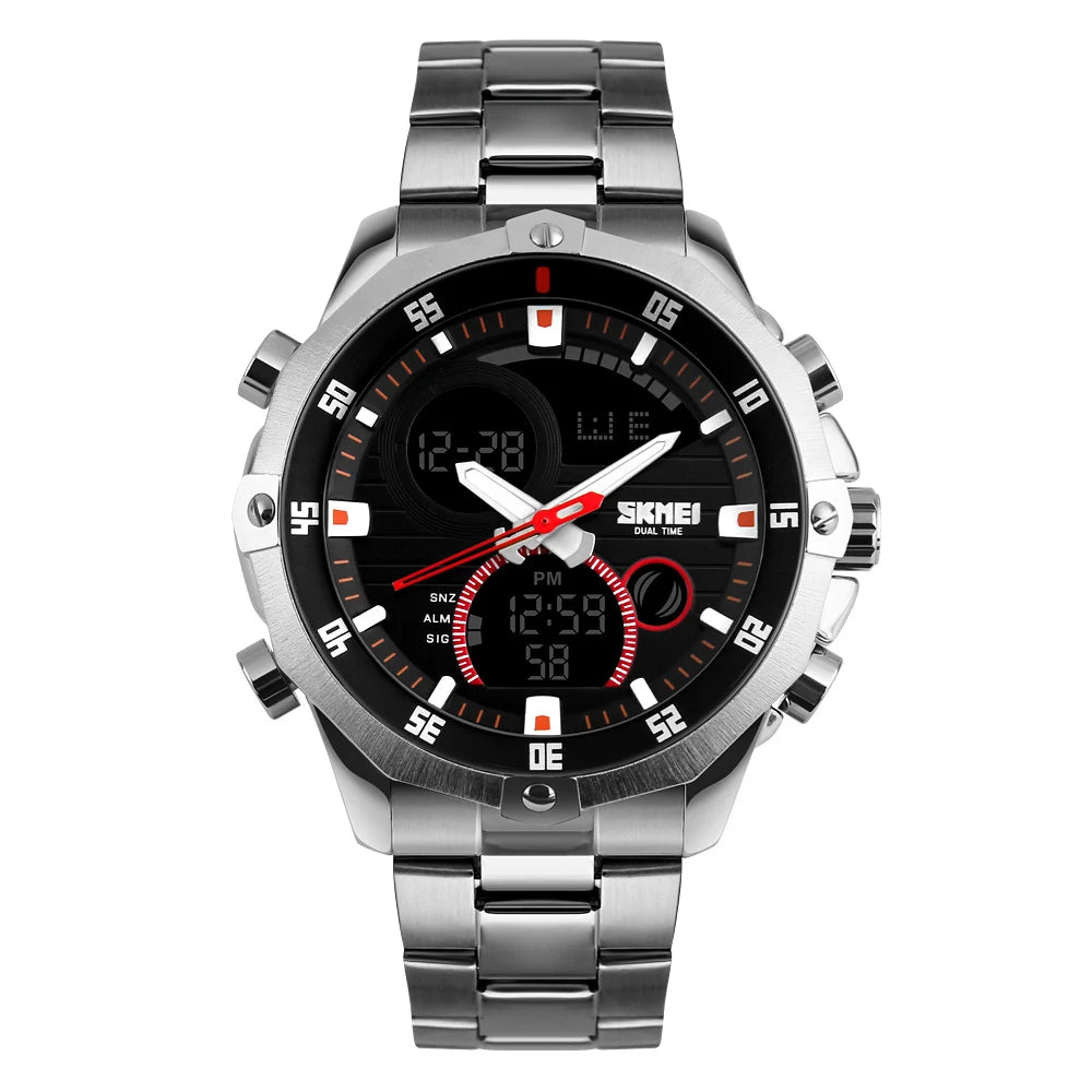Relógio Digital SKMEI com Display Duplo Redondo para Homens - Pulseira Esportiva Outdoor Prata Estilo Casual e Fashion