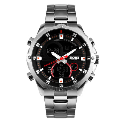 Relógio Digital SKMEI com Display Duplo Redondo para Homens - Pulseira Esportiva Outdoor Prata Estilo Casual e Fashion