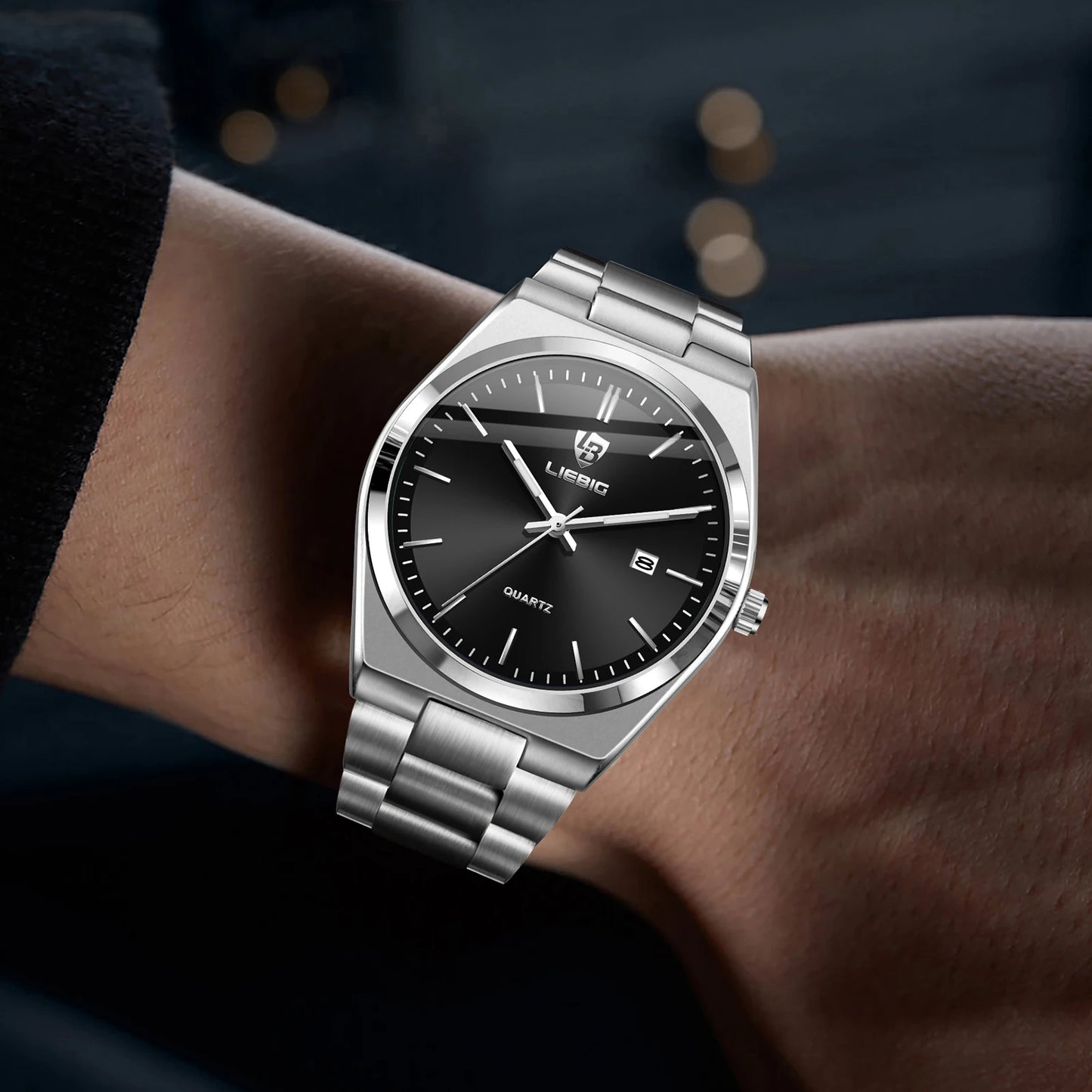 Relógio Liebig L1088BK Quartzo de Luxo com Mostrador Preto - Masculino Fashion para Negócios, Aço Inoxidável, Ideal para Presente