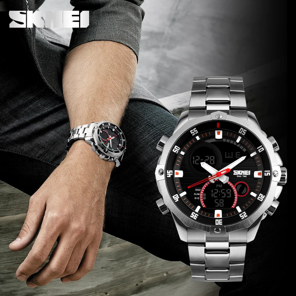 Relógio Digital SKMEI com Display Duplo Redondo para Homens - Pulseira Esportiva Outdoor Prata Estilo Casual e Fashion