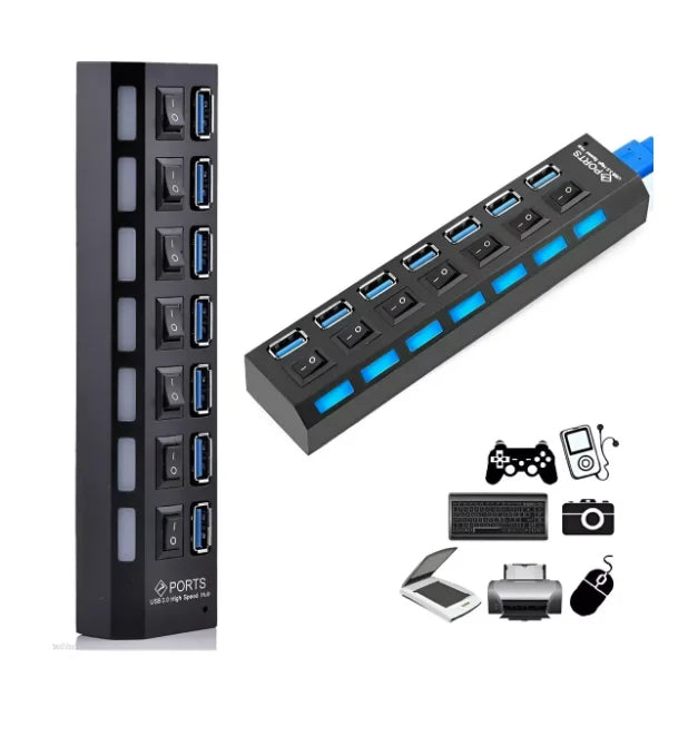 Hub USB 2.0 com 7 Portas - Expansor USB Externo para PC