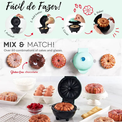 Máquina Mini para Bolos e Waffles Bundt Antiadesiva - Fácil de Usar e Limpar - Perfeita para Doces Caseiros e Confeitaria