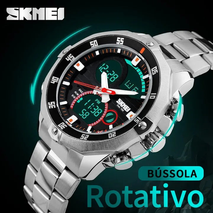 Relógio Digital SKMEI com Display Duplo Redondo para Homens - Pulseira Esportiva Outdoor Prata Estilo Casual e Fashion