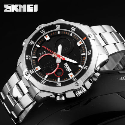 Relógio Digital SKMEI com Display Duplo Redondo para Homens - Pulseira Esportiva Outdoor Prata Estilo Casual e Fashion