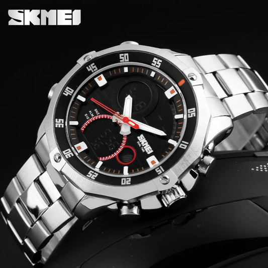 Relógio Digital SKMEI com Display Duplo Redondo para Homens - Pulseira Esportiva Outdoor Prata Estilo Casual e Fashion