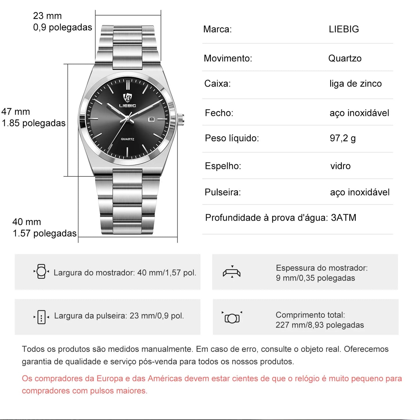 Relógio Liebig L1088BK Quartzo de Luxo com Mostrador Preto - Masculino Fashion para Negócios, Aço Inoxidável, Ideal para Presente