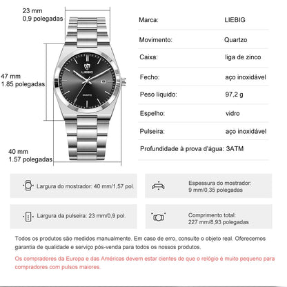 Relógio Liebig L1088BK Quartzo de Luxo com Mostrador Preto - Masculino Fashion para Negócios, Aço Inoxidável, Ideal para Presente