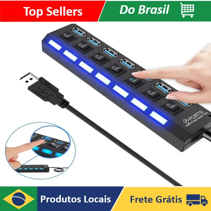 Hub USB 2.0 com 7 Portas - Expansor USB Externo para PC
