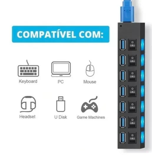 Hub USB 2.0 com 7 Portas - Expansor USB Externo para PC
