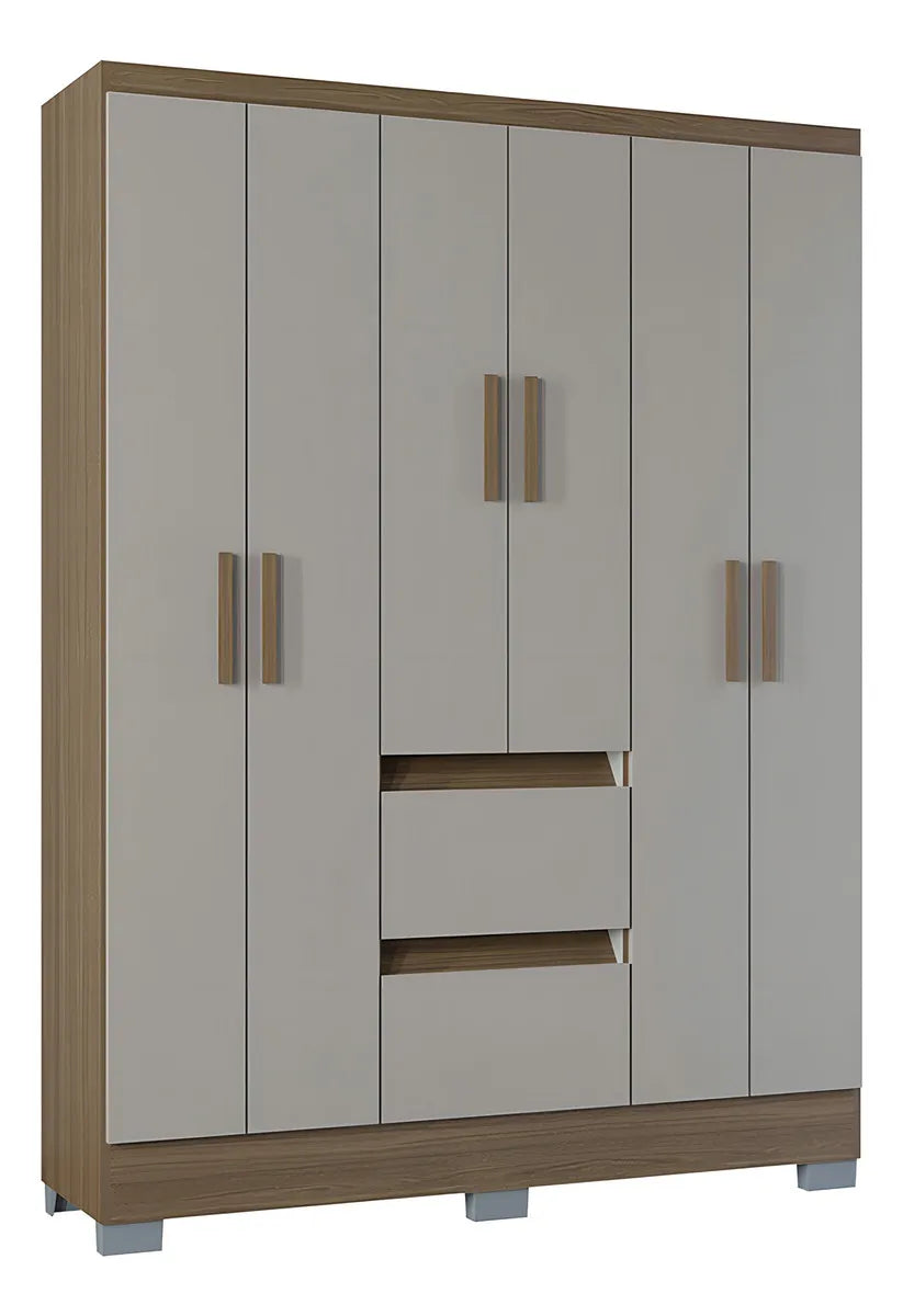 Guarda-Roupa Nápoles 6 Portas 2 Gavetas Poquema Castanho/Off White