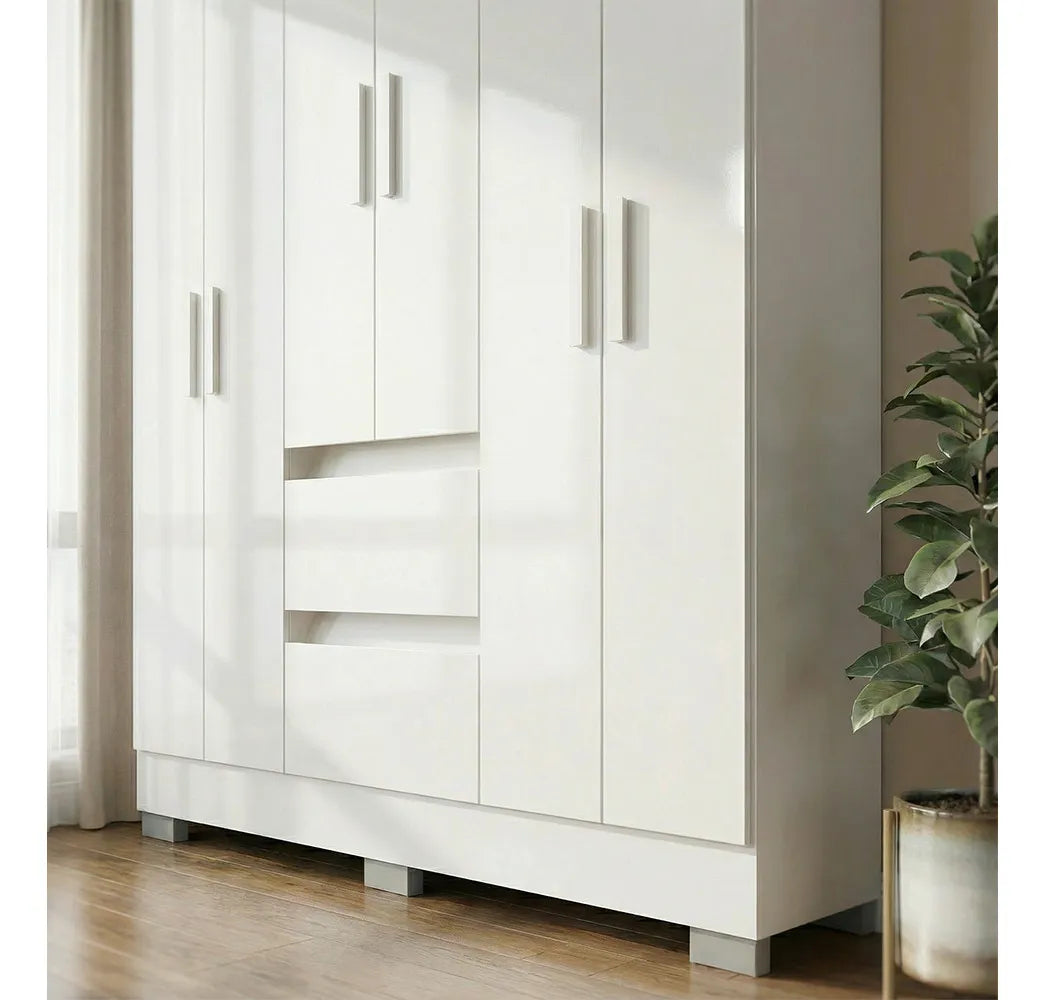 Guarda-Roupa Nápoles 6 Portas 2 Gavetas Poquema Castanho/Off White