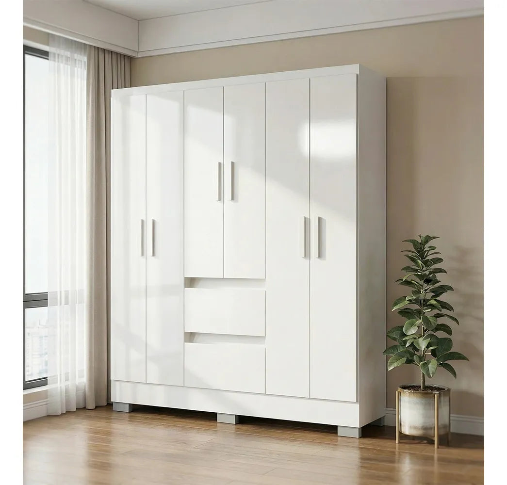 Guarda-Roupa Nápoles 6 Portas 2 Gavetas Poquema Castanho/Off White