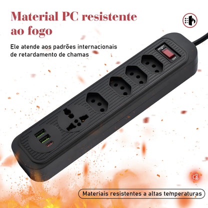Extensão De 4 Tomadas Com 3 Usb Branco Bivolt 2 Metros Preto, Extensão Tomada,Suporte a Tensão de 110-220V, Potência de 2500W，