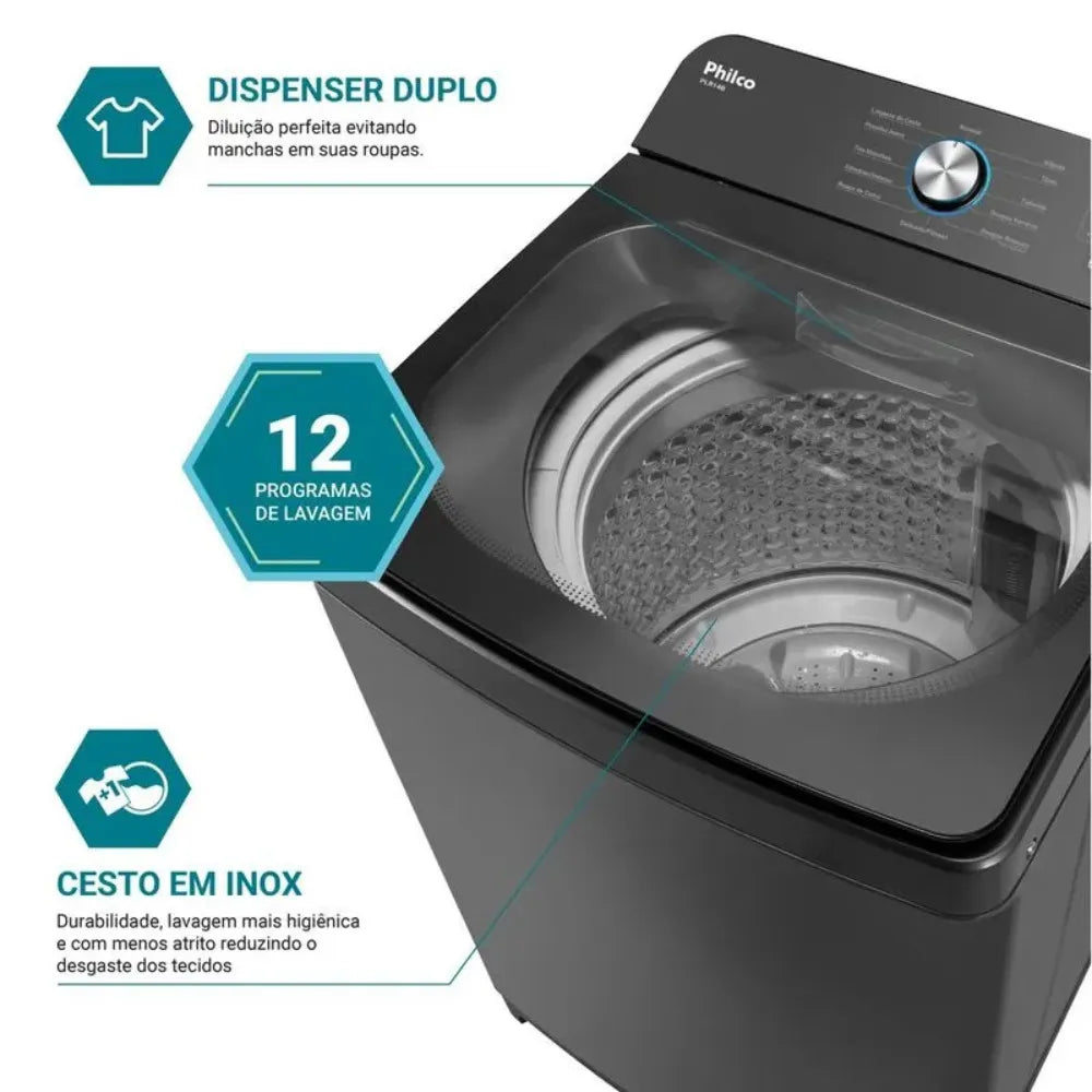 Lavadora de Roupas Philco 14kg 12 Programas Cesto Inox Tampa de Vidro PLR14B Preta