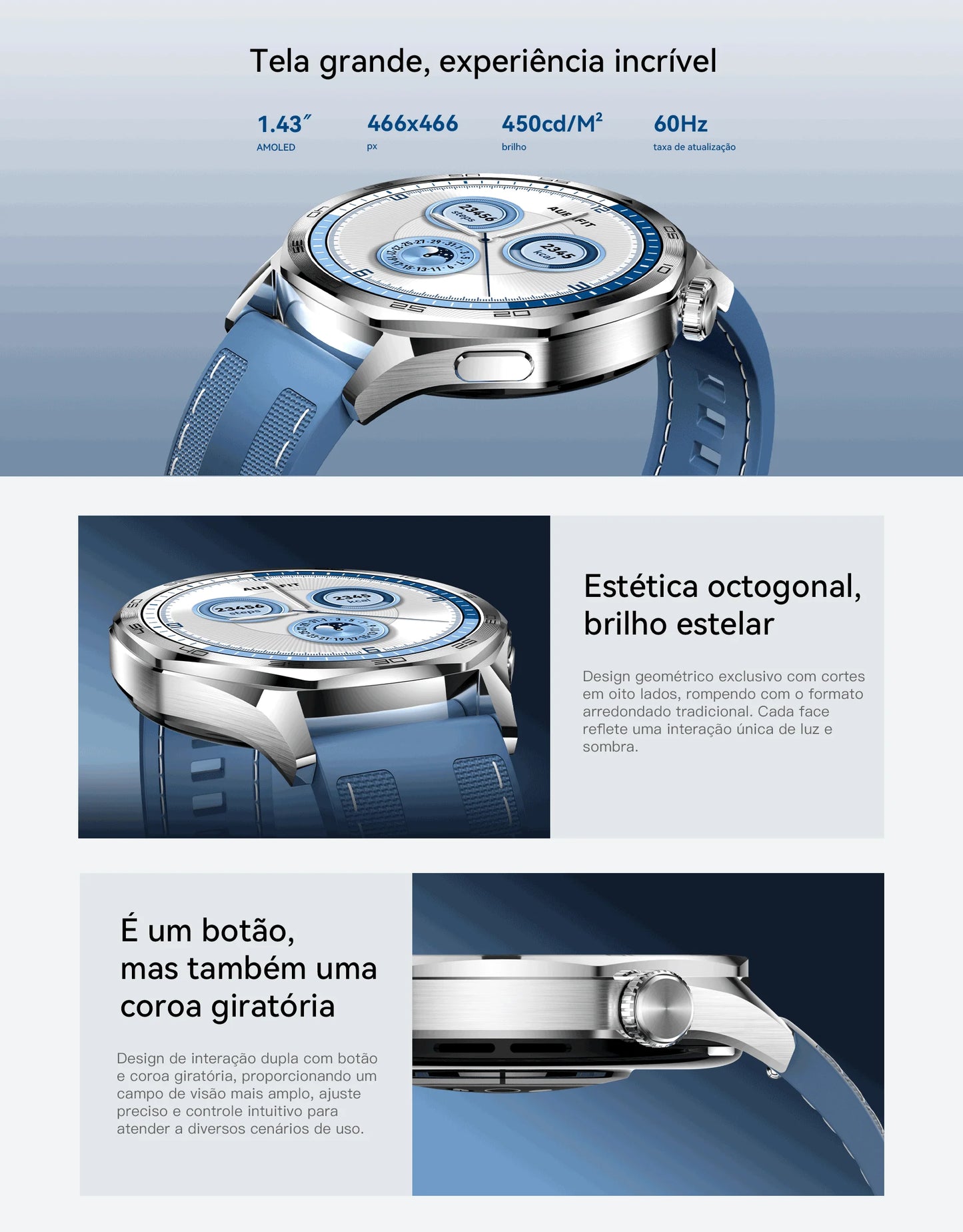 Smartwatch AURAFIT AM29 Tela AMOLED 1.43" Carregamento Sem Fio 100+ Modos Monitor Saúde IP68 Strava