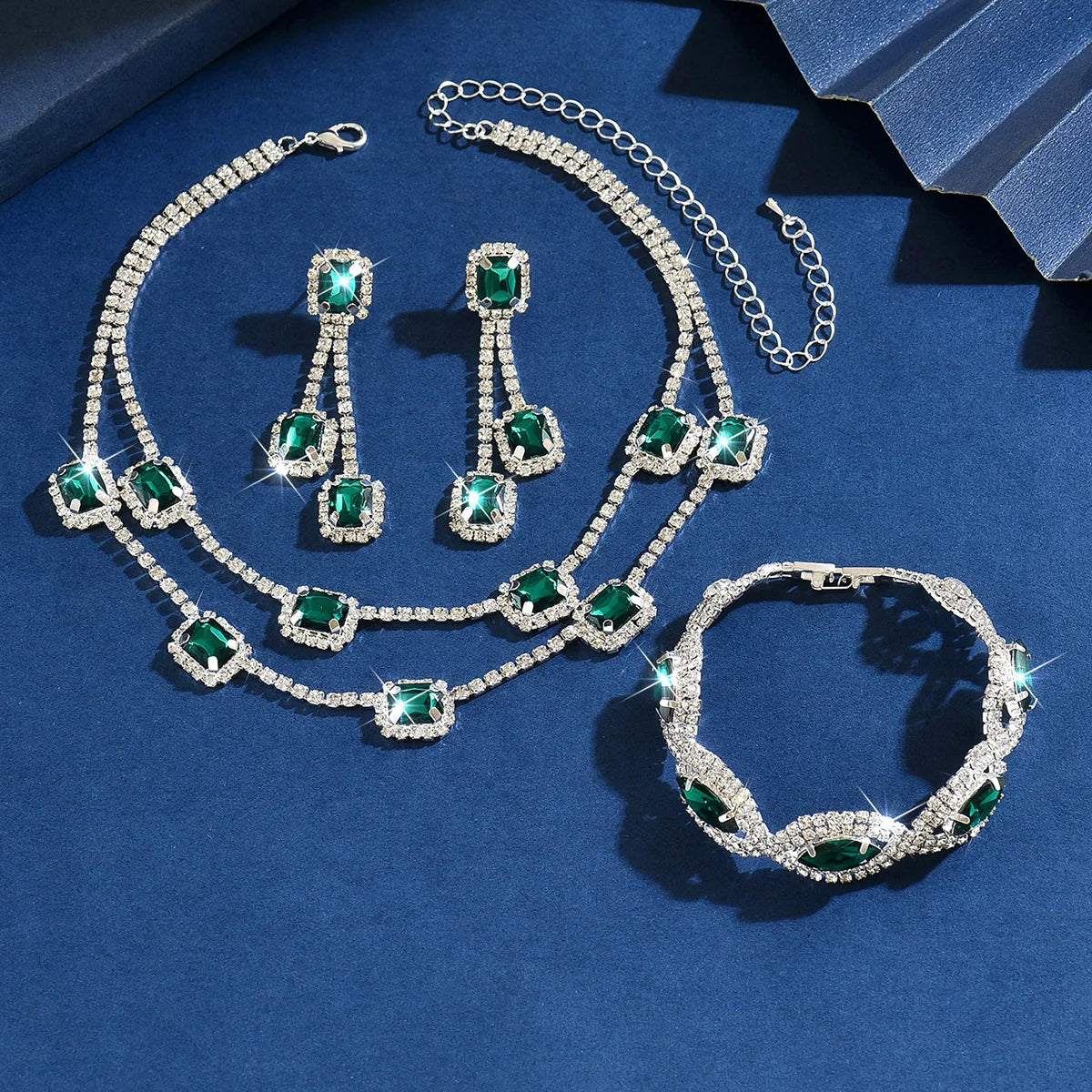 Conjunto 3 Peças Esmeralda Cristal Quadrado com Franjas - Luxo para Casamento