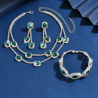 Conjunto 3 Peças Esmeralda Cristal Quadrado com Franjas - Luxo para Casamento