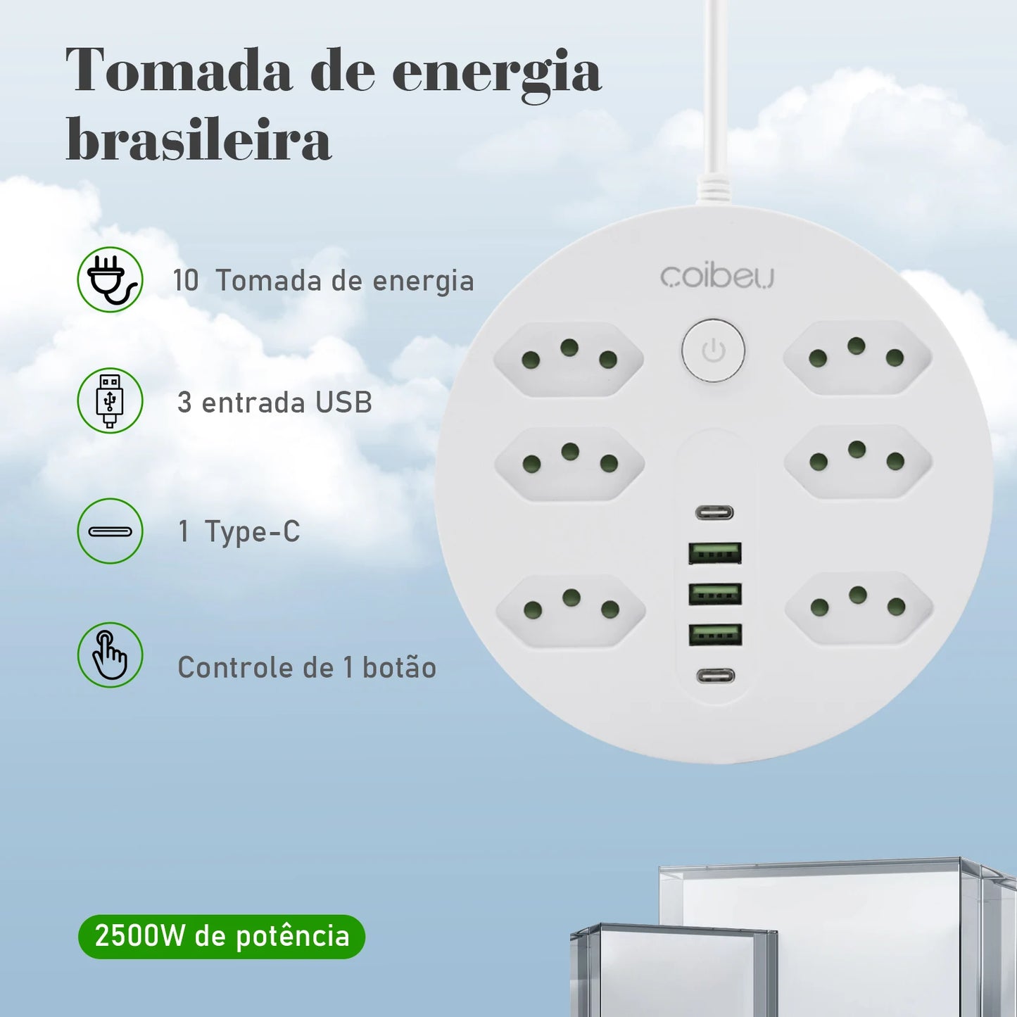Filtro de Linha Extensão Elétrica Adaptador Tomada 10A 110-220V com USB