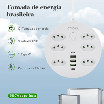 Filtro de Linha Extensão Elétrica Adaptador Tomada 10A 110-220V com USB