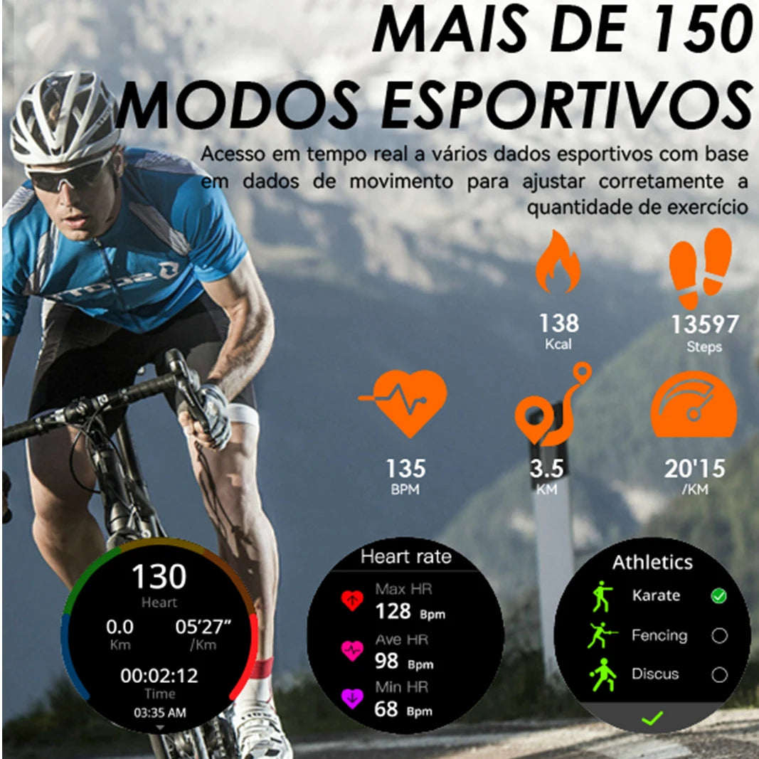 Smartwatch Esportivo Tela AMOLED 1.43" Papel de Parede Personalizado Chamadas Sem Fio Alertas Unissex