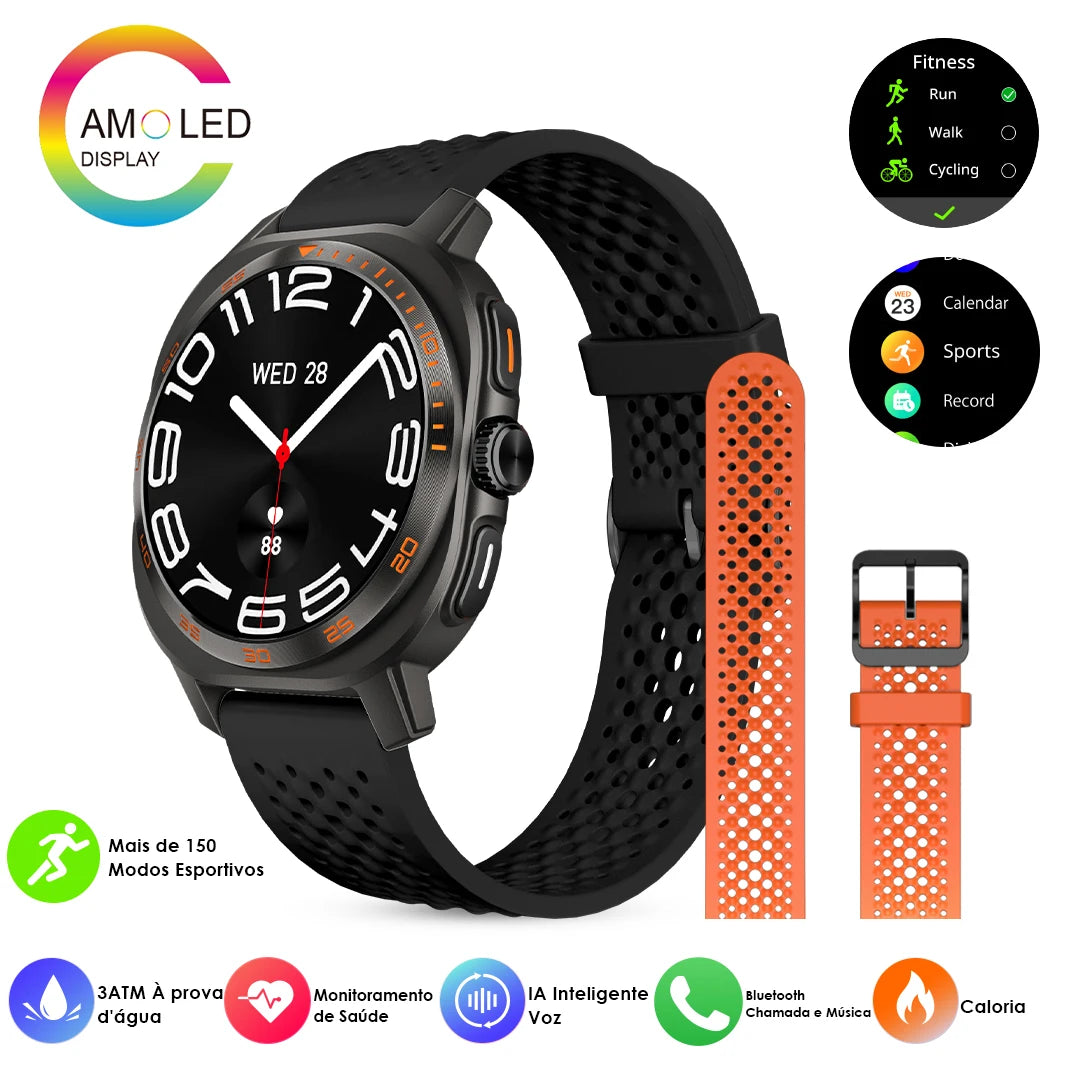 Smartwatch Esportivo Tela AMOLED 1.43" Papel de Parede Personalizado Chamadas Sem Fio Alertas Unissex