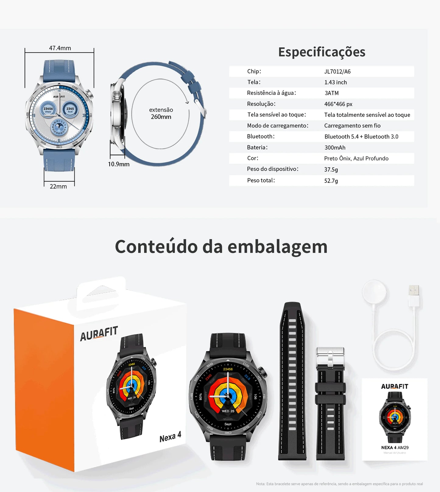 Smartwatch AURAFIT AM29 Tela AMOLED 1.43" Carregamento Sem Fio 100+ Modos Monitor Saúde IP68 Strava