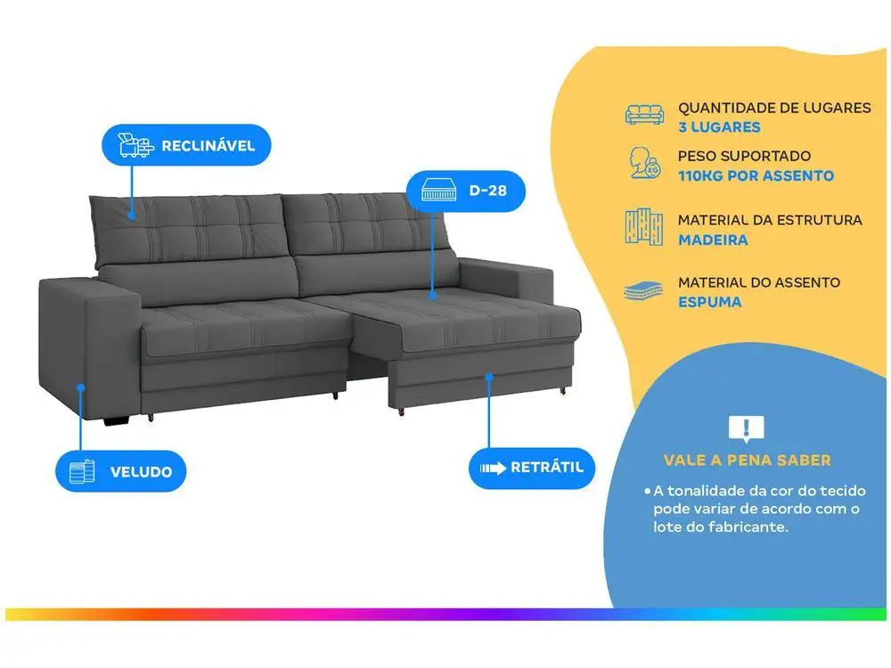 Sofá Retrátil e Reclinável 3 Lugares Veludo Medellín Besthouse