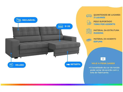 Sofá Retrátil e Reclinável 3 Lugares Veludo Medellín Besthouse