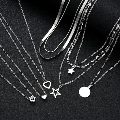 Conjunto 9 Peças Colares Choker Simples Feminino Amor Coração Estrela Pingente