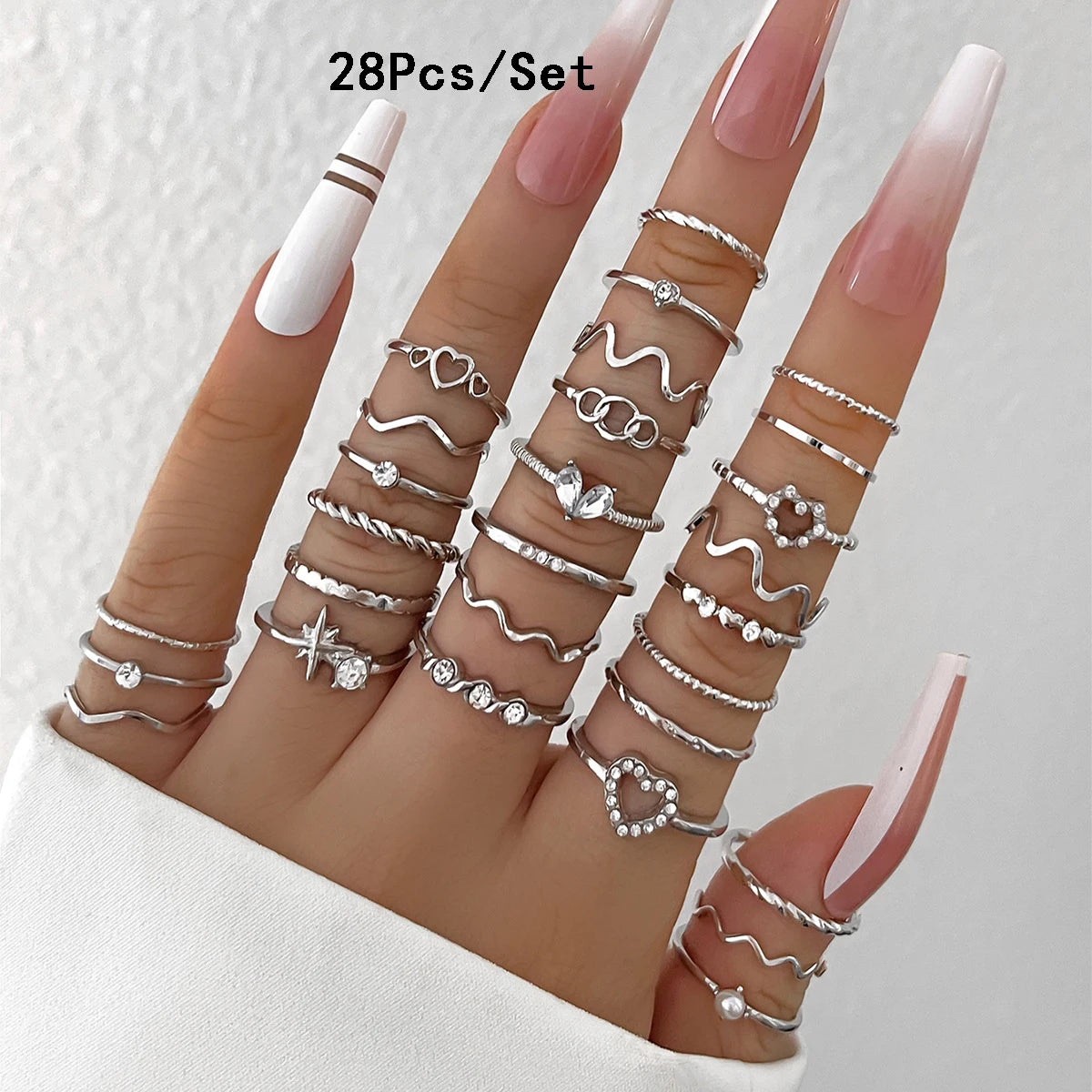 Conjunto 28 Peças Anéis Fashion Geométricos Feminino Cristal Coração