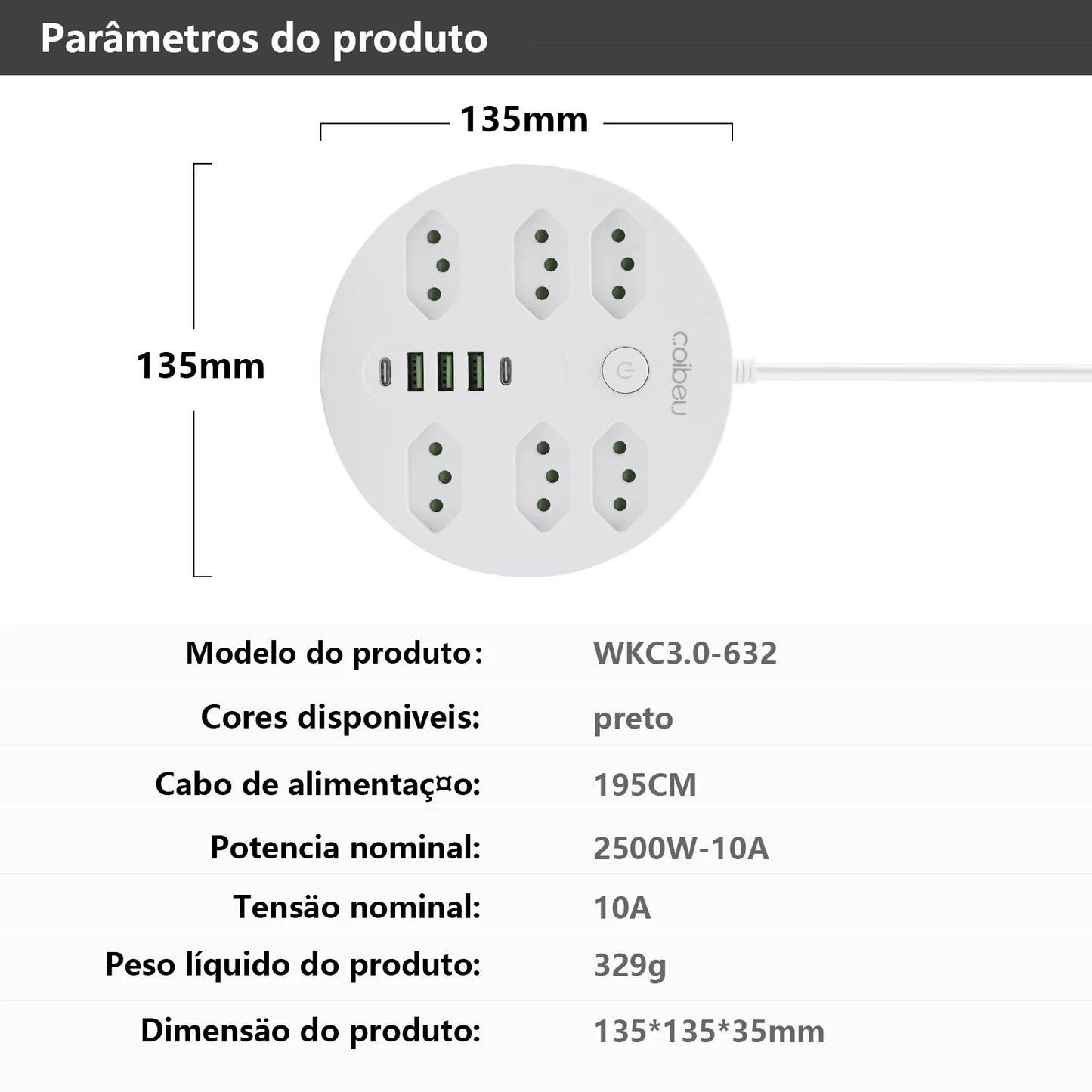 Filtro de Linha Extensão Elétrica Adaptador Tomada 10A 110-220V com USB