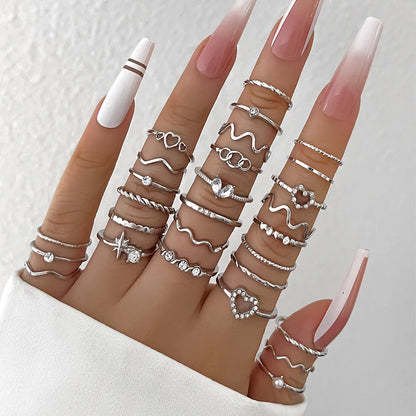 Conjunto 28 Peças Anéis Fashion Geométricos Feminino Cristal Coração