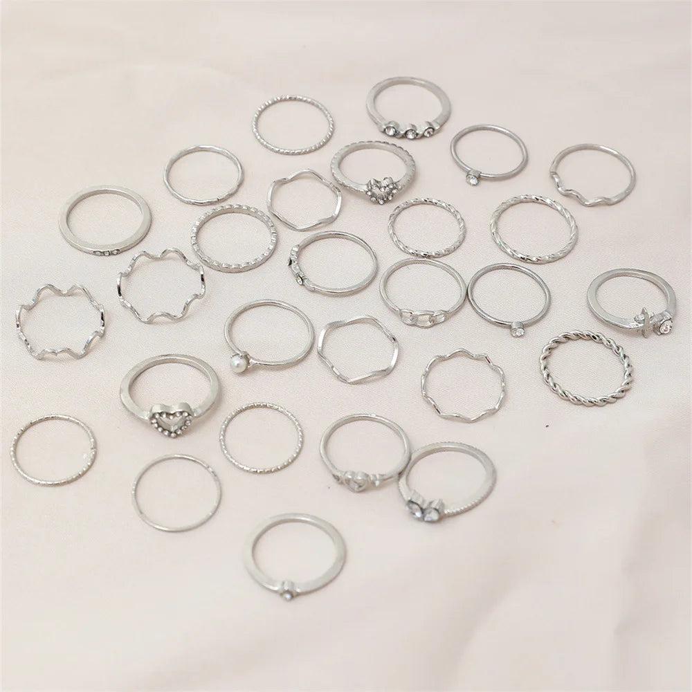 Conjunto 28 Peças Anéis Fashion Geométricos Feminino Cristal Coração